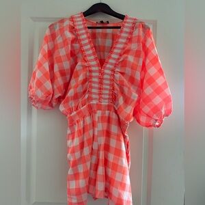 Lulus Gingham Romper with Puff Sleeves